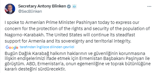 Blinken: “ABD, Ermenistan’a kararlı desteğini sürdürecektir”