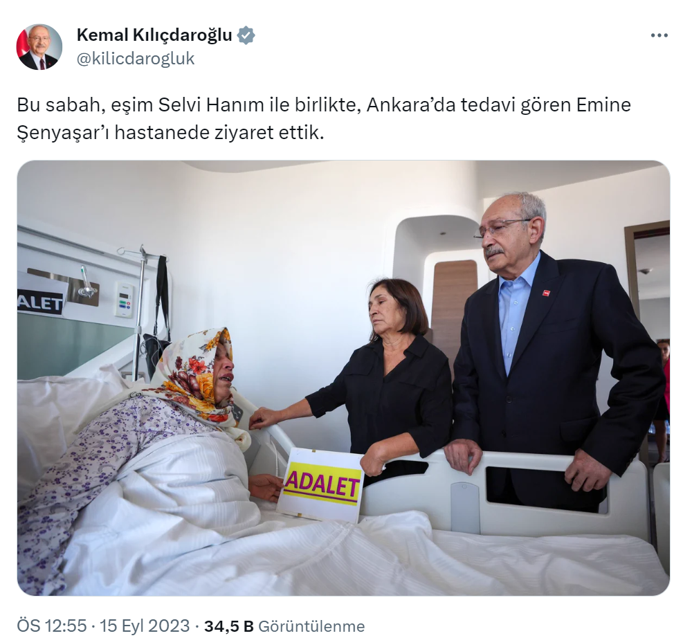 Kılıçdaroğlu, Ankara’da tedavi gören Emine Şenyaşar’ı ziyaret etti