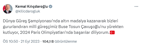 Kılıçdaroğlu, Buse Tosun Çavuşoğlu’nu tebrik etti