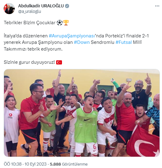 Bakan Uraloğlu’dan Down Sendromlu Futsal Milli Takımı’na tebrik