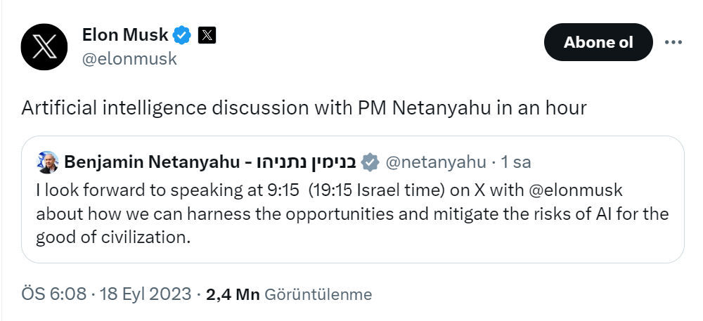 Musk, İsrail Başbakanı Netanyahu ile yapay zekayı konuşacak