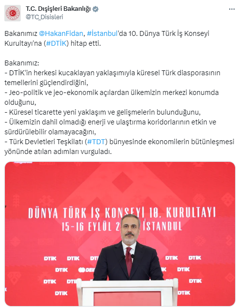 Bakan Fidan, İstanbul’da 10. Dünya Türk İş Konseyi Kurultayı’na hitap etti