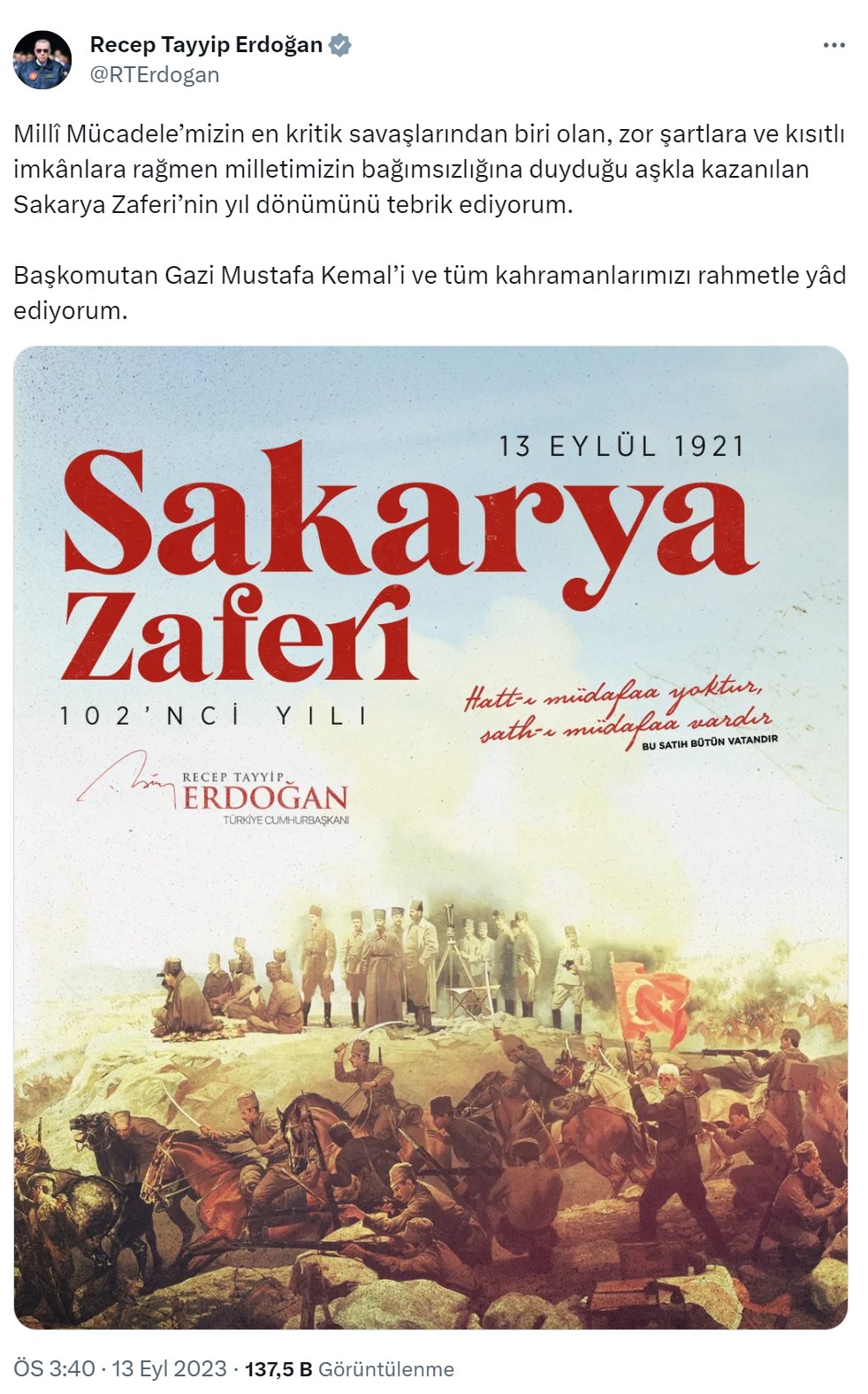 Cumhurbaşkanı Erdoğan’dan Sakarya Meydan Muharebesi’nin 102. yıl dönümü mesajı