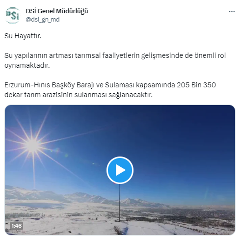 Erzurum-Hınıs Başköy Barajı ile 205 bin 350 dekar tarım arazisi sulanacak