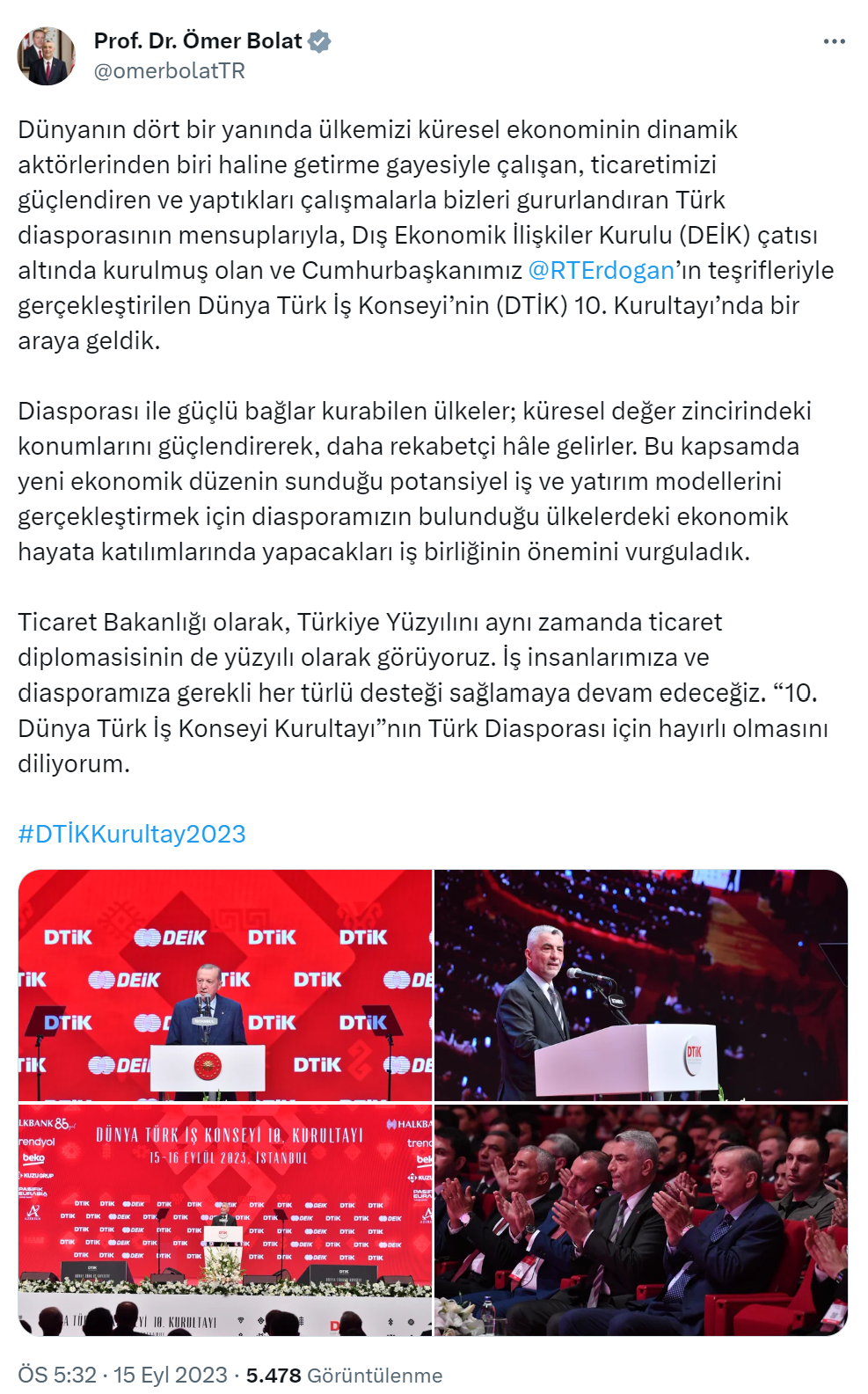 Bakan Bolat, Dünya Türk İş Konseyi’nin (DTİK) 10. Kurultayı’na katıldı