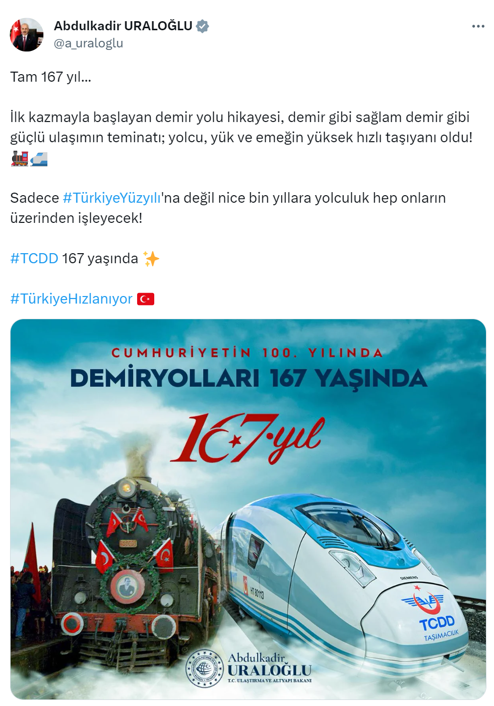 Bakan Uraloğlu, TCDD’nin 167 yılını kutladı