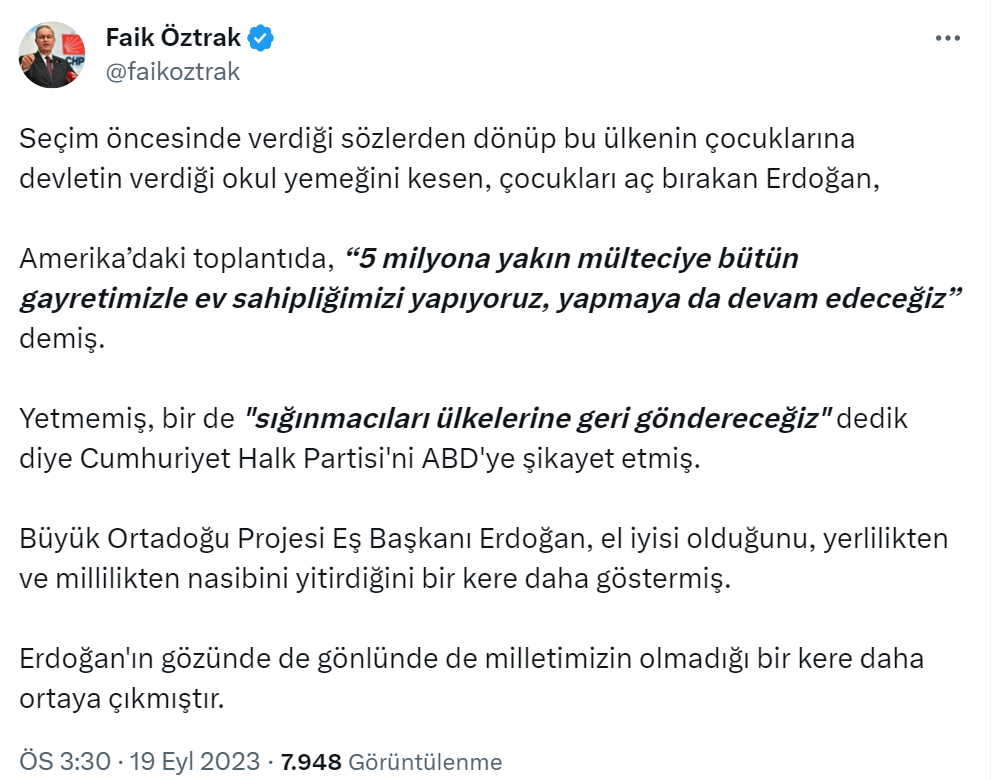 Öztrak: “Erdoğan’ın gözünde de gönlünde de milletimizin olmadığı ortaya çıkmıştır”