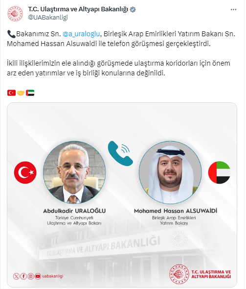 Bakan Uraloğlu, BAE Yatırım Bakanı Alsuwaidi ile telefonda görüştü