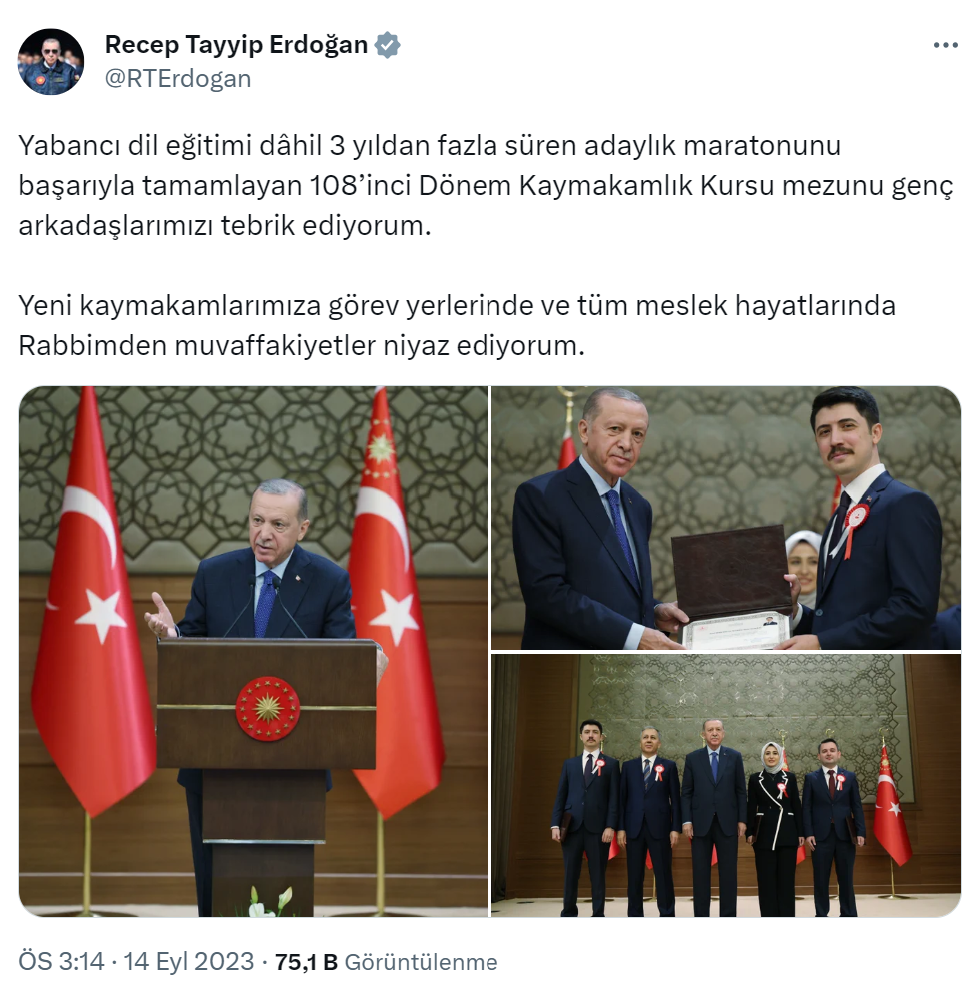 Cumhurbaşkanı Erdoğan, 108’inci Dönem Kaymakamlık Kursu mezunlarını tebrik etti