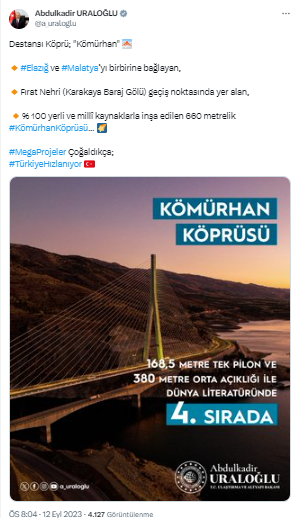 Bakan Uraloğlu’dan Kömürhan Köprüsü paylaşımı