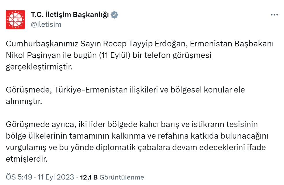 Cumhurbaşkanı Erdoğan, Ermenistan Başbakanı Paşinyan ile telefonla görüştü