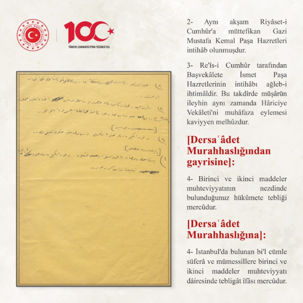 Dışişleri Bakanlığı’ndan 30 Ekim 1923 tarihli diplomatik arşiv belgesi paylaşıldı