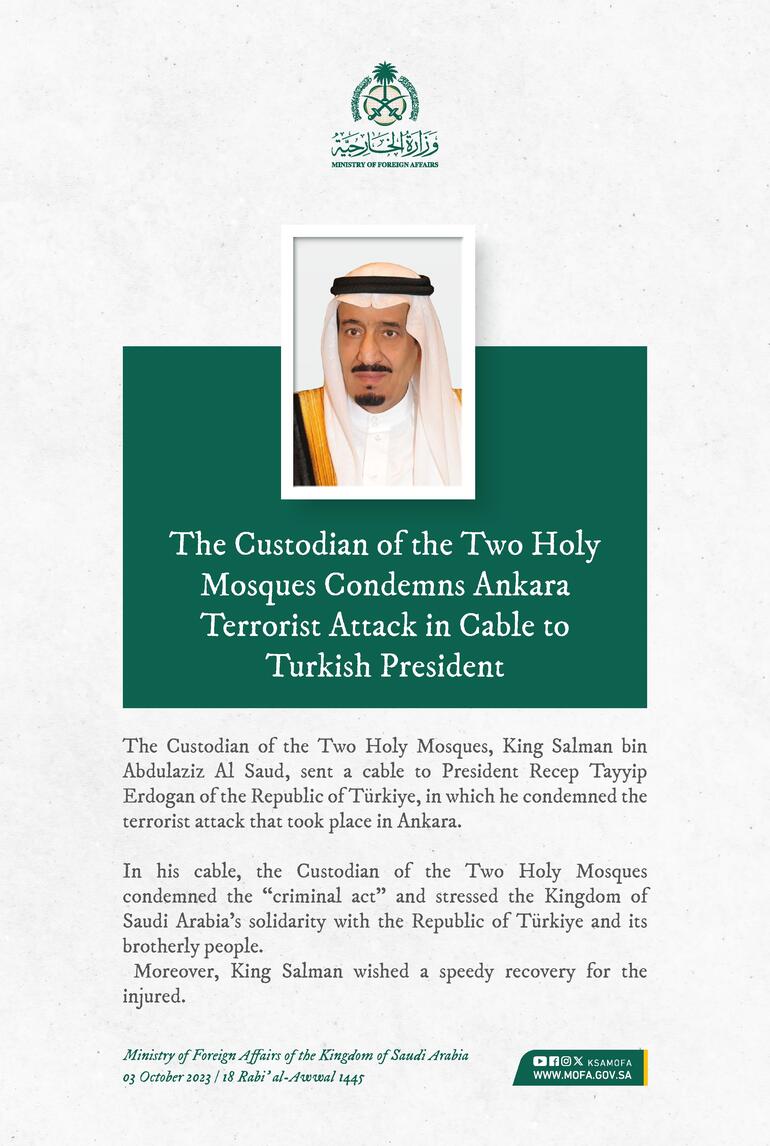 Suudi Arabistan Kralı ve Veliaht Prens’ten Erdoğan’a Ankara saldırısı mesajı