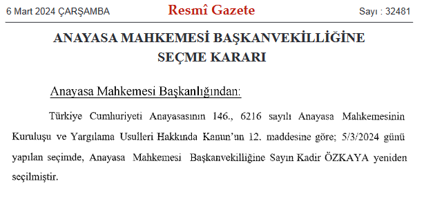 Anayasa Mahkemesi Başkanvekilliğine yeniden Kadir Özkaya seçildi