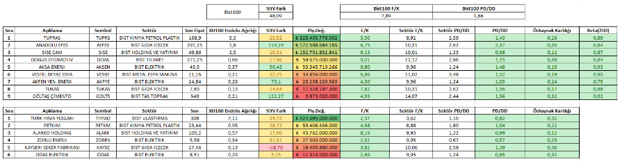 BİST100 şirketlerinde temel görünüm ve sektör karşılaştırmaları