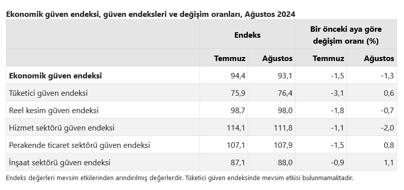 TÜİK- Ekonomik güven endeksi Ağustos’ta 93,1 düzeyine geriledi