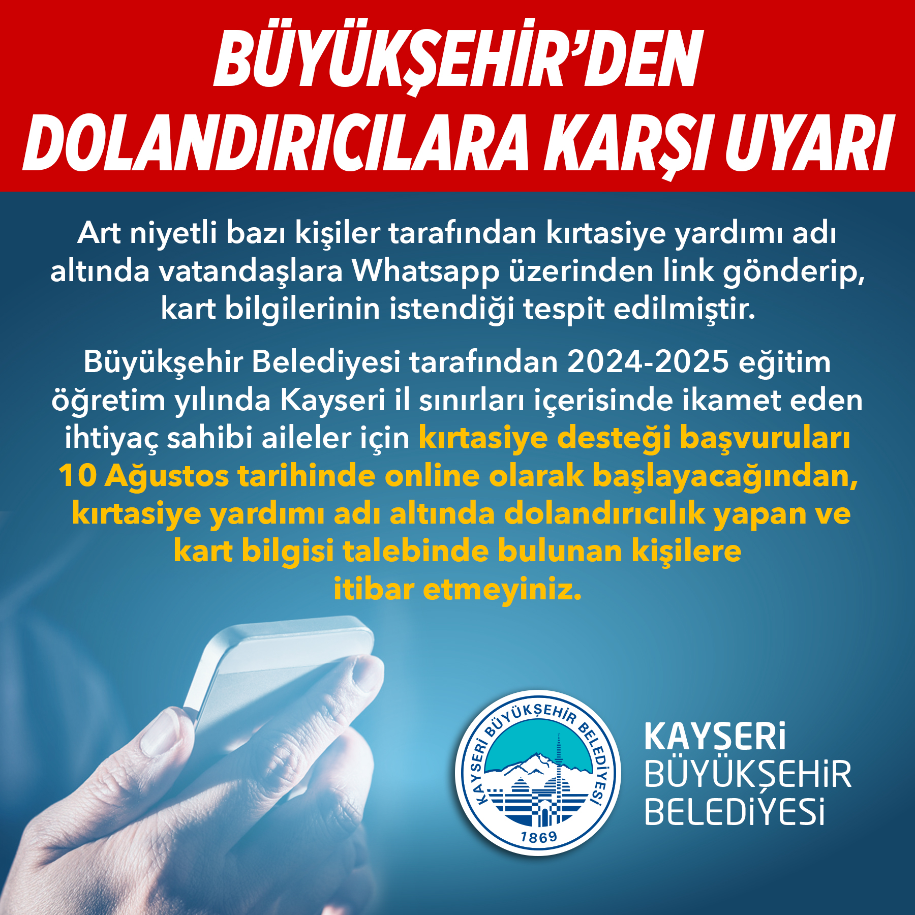 Kayseri Büyükşehir Belediyesi’nden “dolandırıcılık” uyarısı