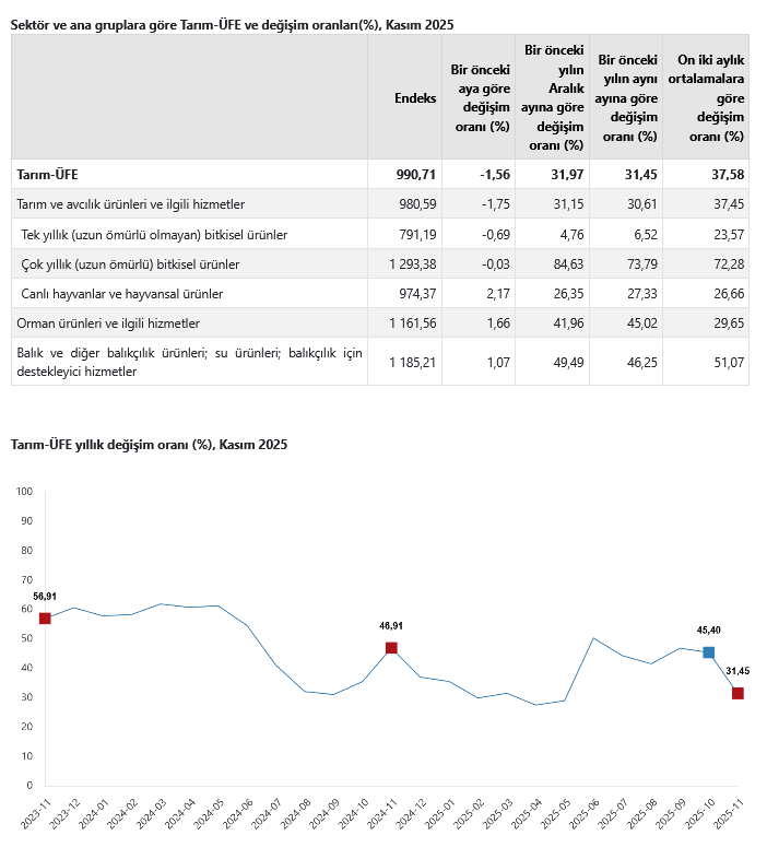 TÜİK – Tarım ürünleri üretici fiyat endeksi yıllık yüzde 31,45 arttı