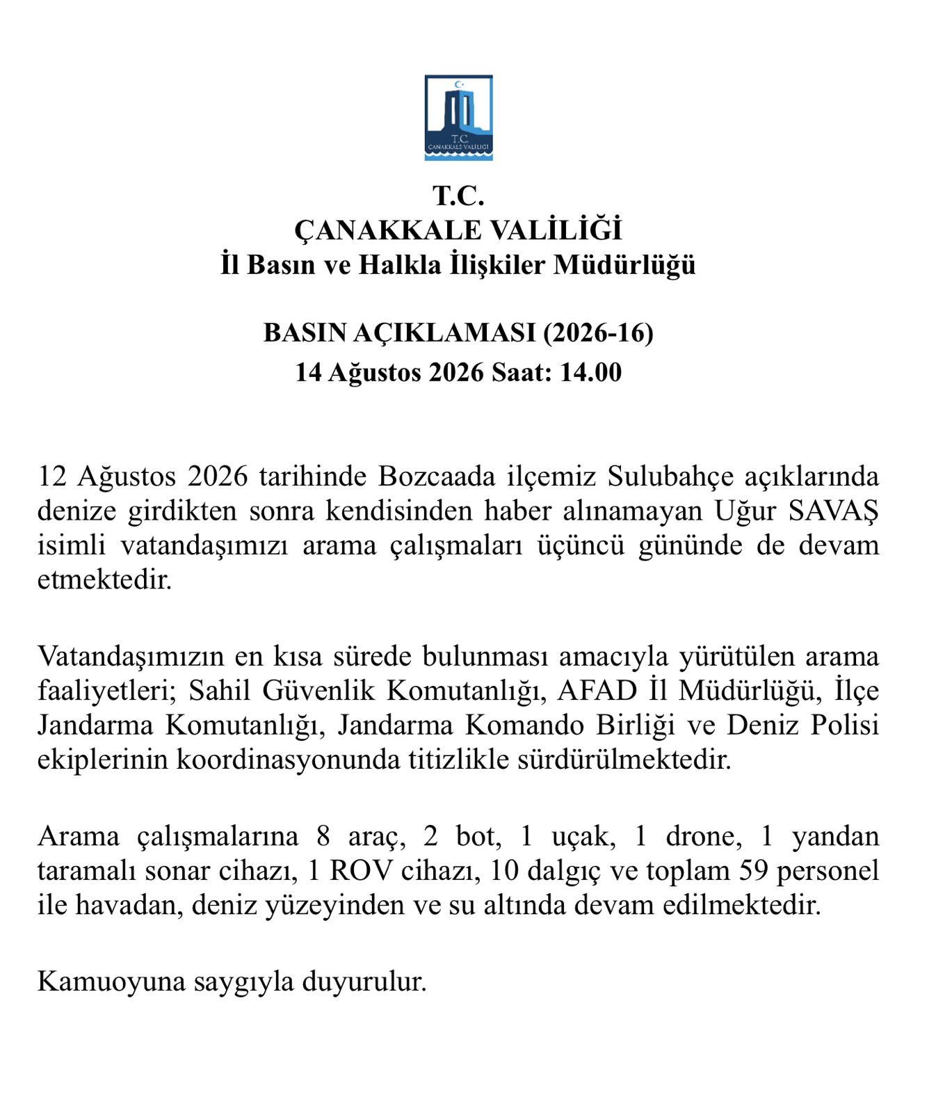 Çanakkale Valiliği: Bozcaada’da denizde kaybolan vatandaş için arama çalışmaları sürüyor
