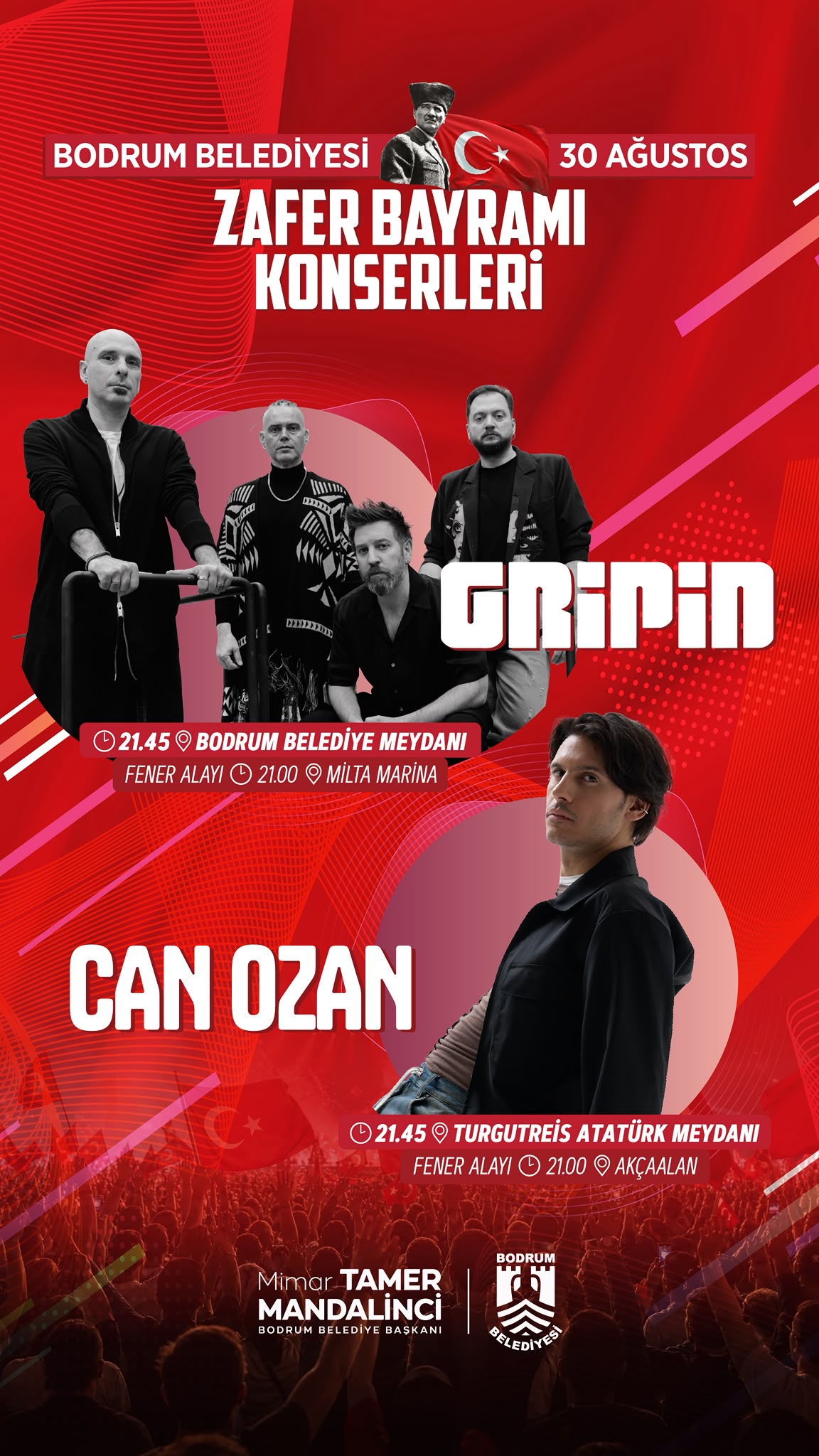 Bodrum’da 30 Ağustos Zafer Bayramı Gripin ve Can Ozan konserleriyle kutlanacak