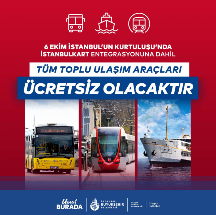 İstanbul’da 6 Ekim’de toplu ulaşım ücretsiz